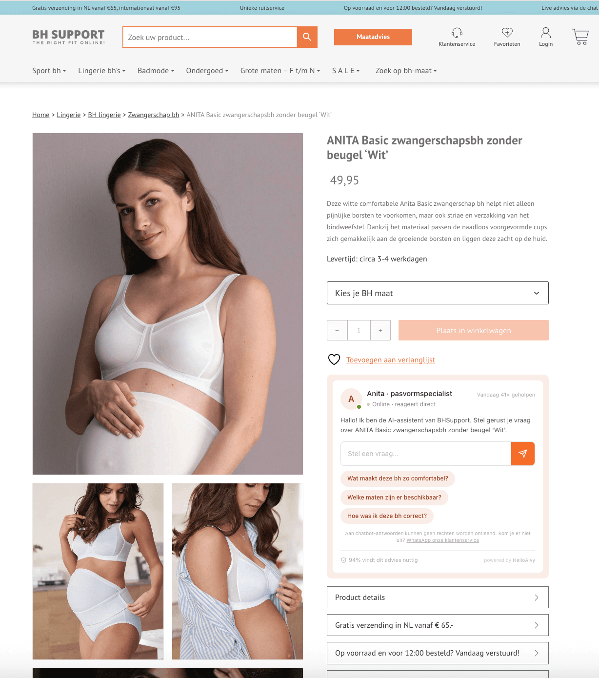 BHSupport.nl productpagina met HelloAivy AI pasvormadviseur