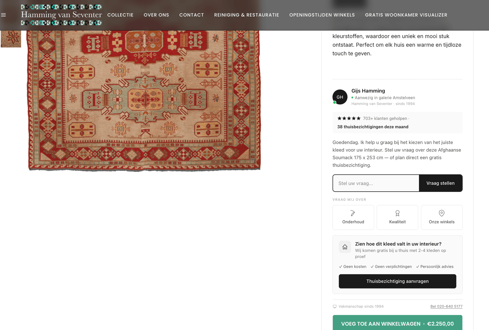 Kelim.nl productpagina met HelloAivy AI tapijtexpert Gijs Hamming